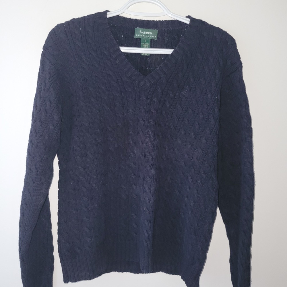 Vintage 90s Lauren Ralph Lauren Cable Knit V Neck Sweater Women Size Small Blue